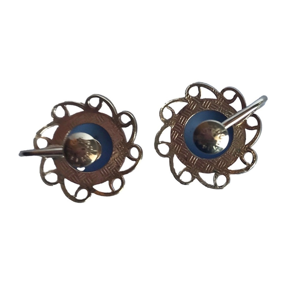 Vintage 14K Gold GF Blue Daisy Porcelain Like Signed Screwback Earrings - Picture 3 of 5